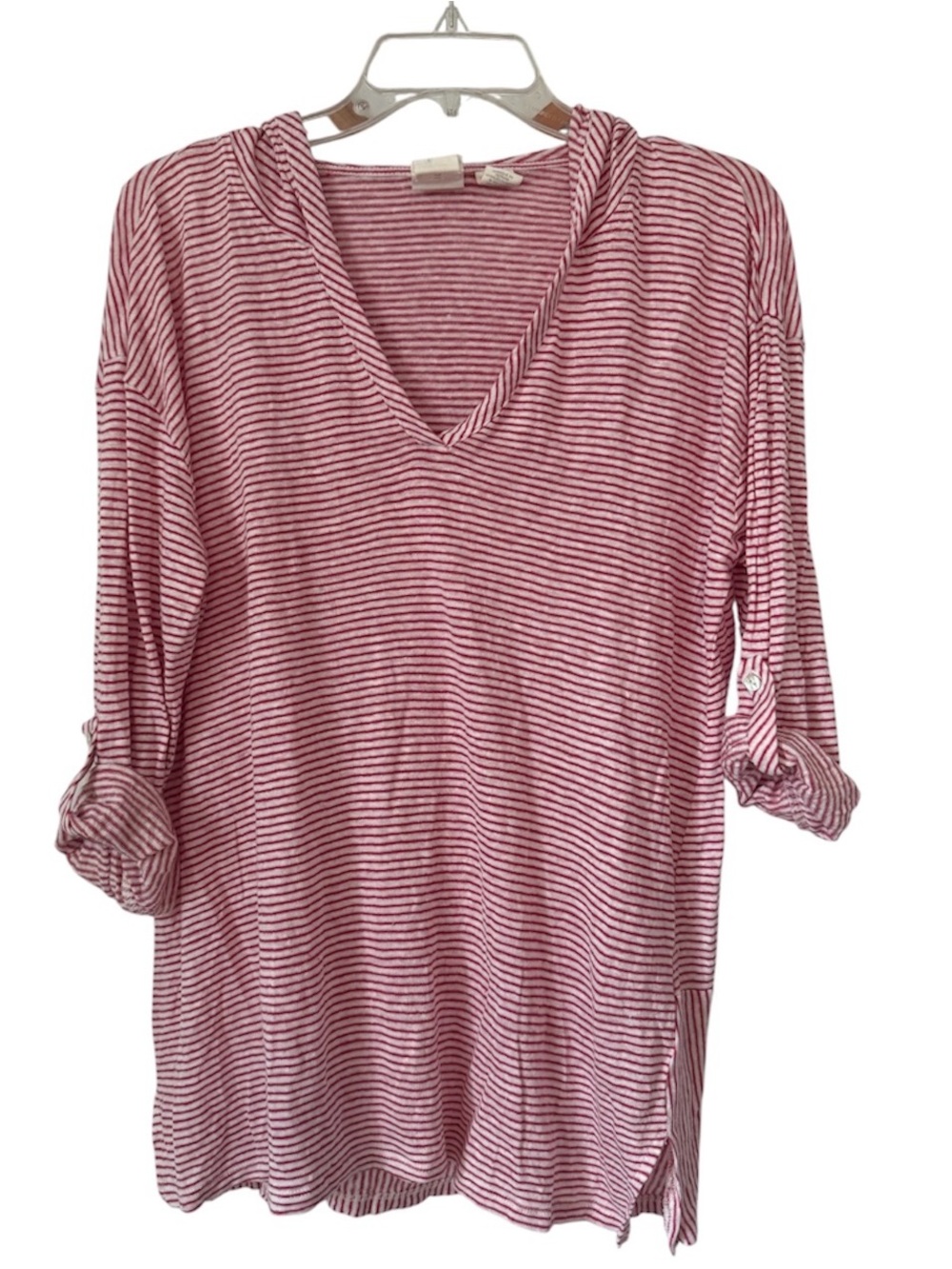 C&C California Linen Striped Top Tunic Hood Red White 1X